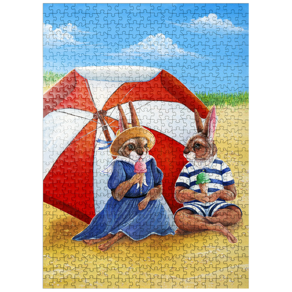 MyPuzzle - Beach Bunnies - Vintage-Inspired Animal Illustration - Premium 500 Piece Jigsaw Puzzle for Adults