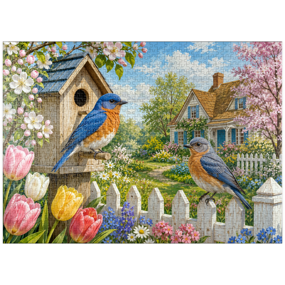 MyPuzzle - Bluebird Spring Cottage Garden - Premium 1000 Piece Jigsaw Puzzle for Adults