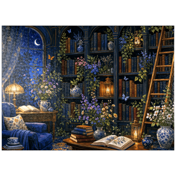 MyPuzzle - Botanical Midnight Library Glow - Premium 1000 Piece Jigsaw Puzzle for Adults