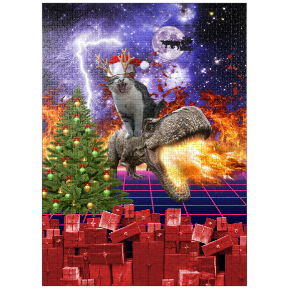 MyPuzzle - Christmas Cat Riding Dinosaur, Santa T-Rex - Random Galaxy - Premium 1000 Piece Jigsaw Puzzle for Adults