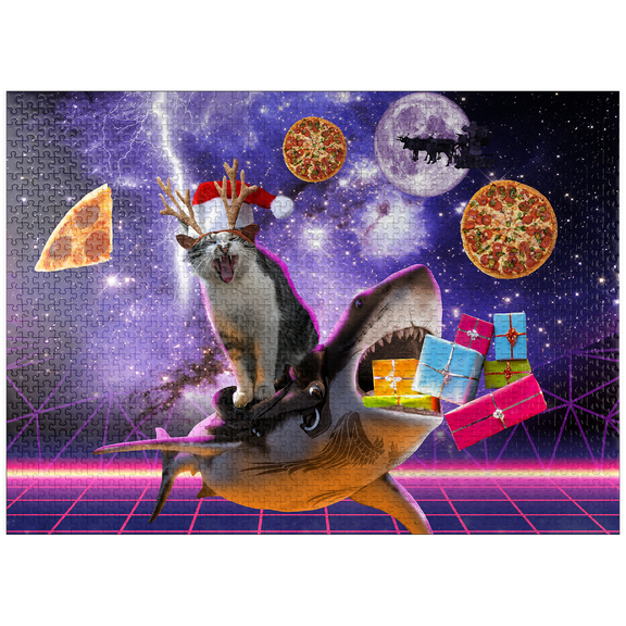 MyPuzzle - Christmas Cat Riding Shark In Space - Random Galaxy - Premium 1000 Piece Jigsaw Puzzle for Adults