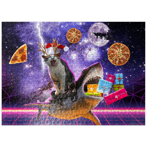 MyPuzzle - Christmas Cat Riding Shark In Space - Random Galaxy - Premium 500 Piece Jigsaw Puzzle for Adults