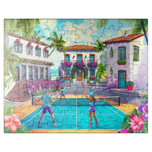 MyPuzzle - Coastal Village Pickleball Match - Premium 100 Piece Jigsaw Puzzle for Adults