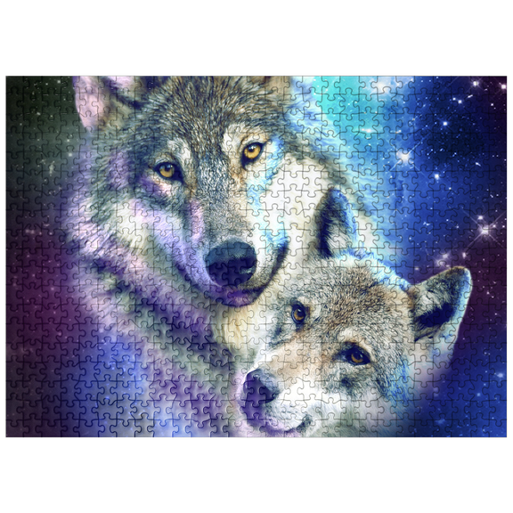 MyPuzzle - Cosmic Wolf Family Under The Galactic Moon - Random Galaxy - Premium 500 Piece Jigsaw Puzzle for Adults