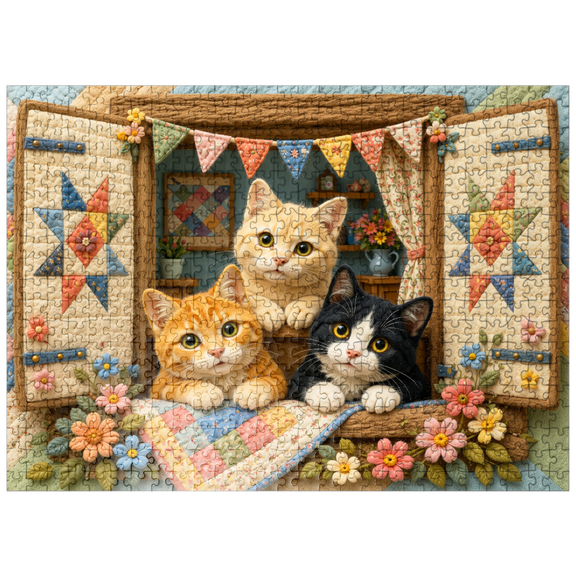MyPuzzle - Cozy Quilt Window Cats - Premium 500 Piece Jigsaw Puzzle for Adults