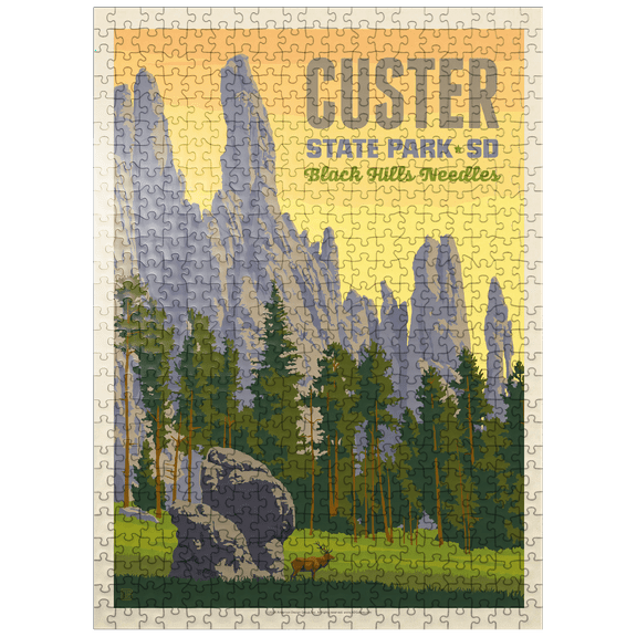 MyPuzzle - Custer State Park, South Dakota, Vintage Poster - Premium 500 Piece Jigsaw Puzzle for Adults