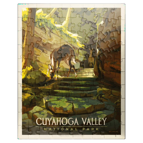 MyPuzzle - Cuyahoga Valley National Park: Daybreak Deer, Vintage Poster - Premium 100 Piece Jigsaw Puzzle for Adults