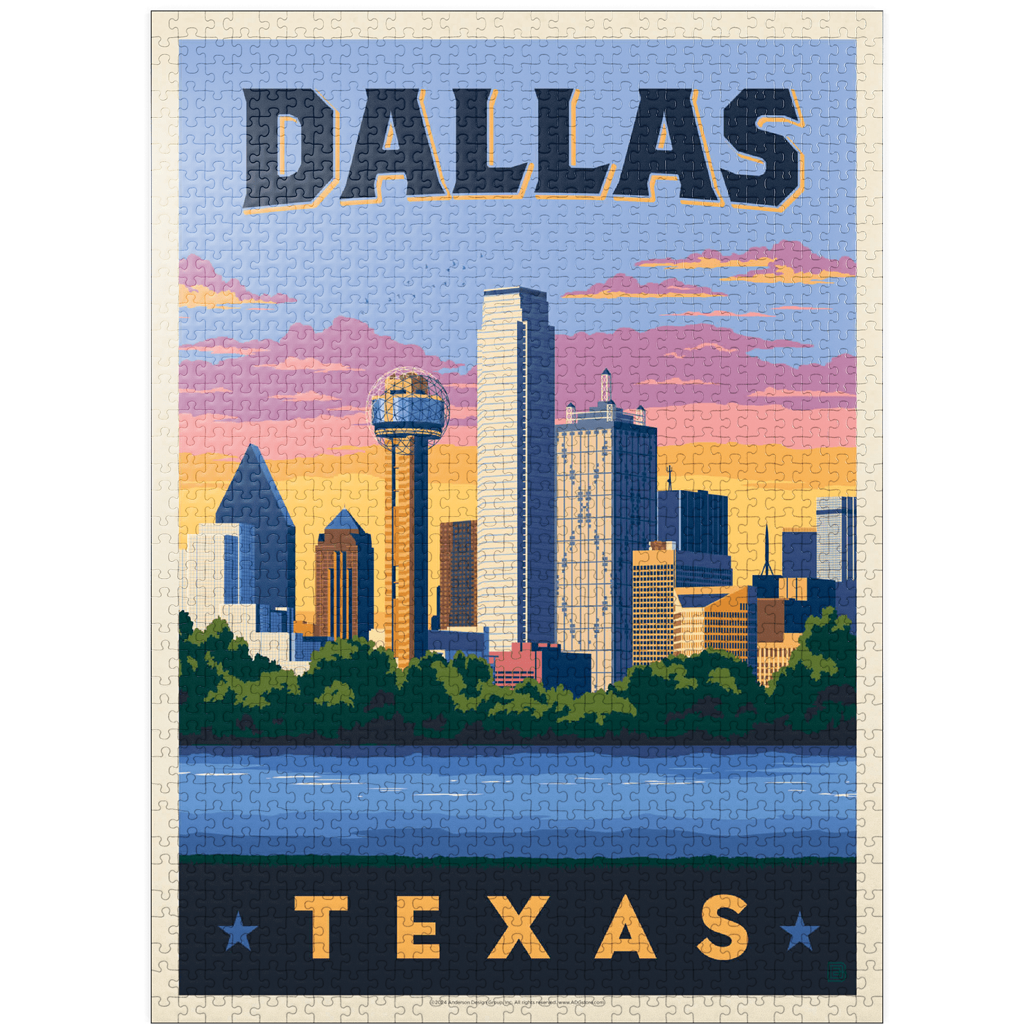 MyPuzzle - Dallas, Texas: Downtown River View, Vintage Poster - Premium 1000 Piece Jigsaw Puzzle for Adults