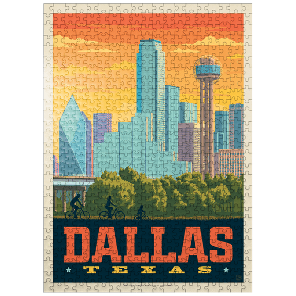 MyPuzzle - Dallas, Texas: Sunset Skyline, Vintage Poster - Premium 500 Piece Jigsaw Puzzle for Adults