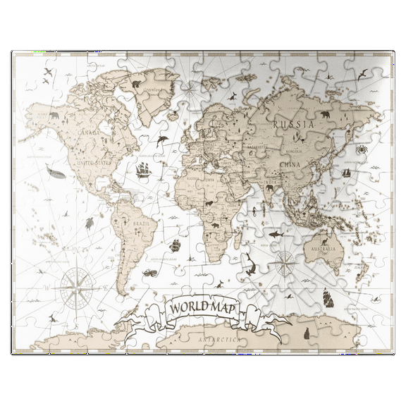 MyPuzzle - Detailed Vintage Cartoon World Map - Premium 100 Piece Jigsaw Puzzle for Adults