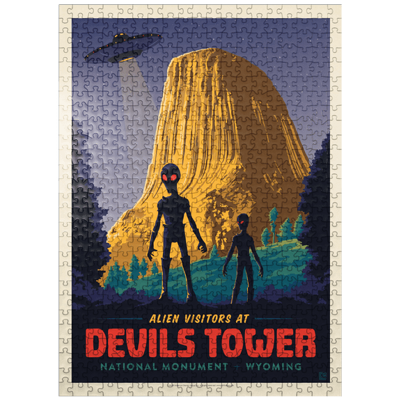 MyPuzzle - Devils Tower, WY: Alien Visitation, Vintage Poster - Premium 500 Piece Jigsaw Puzzle for Adults