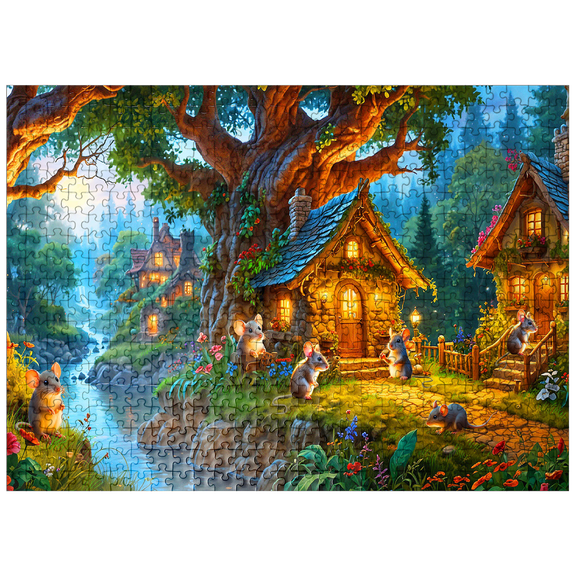 MyPuzzle - Enchanted Forest Mouse Village At Dusk - Premium 500 Piece Jigsaw Puzzle for Adults