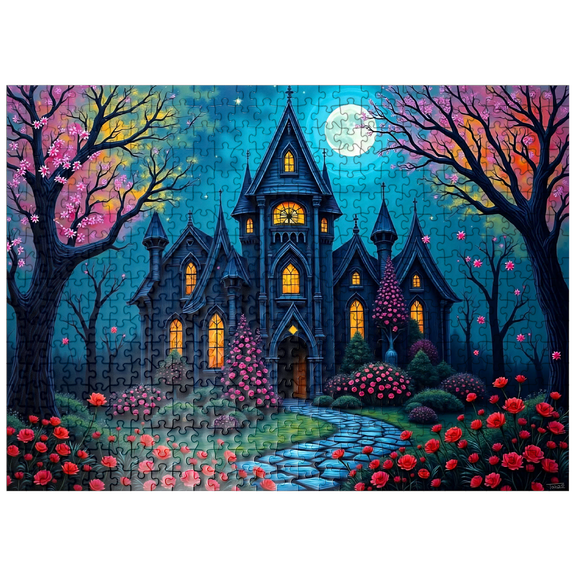 MyPuzzle - Enchanting Gothic Mansion Under A Full Moon With Blooming Garden - Premium 500 Piece Jigsaw Puzzle for Adults