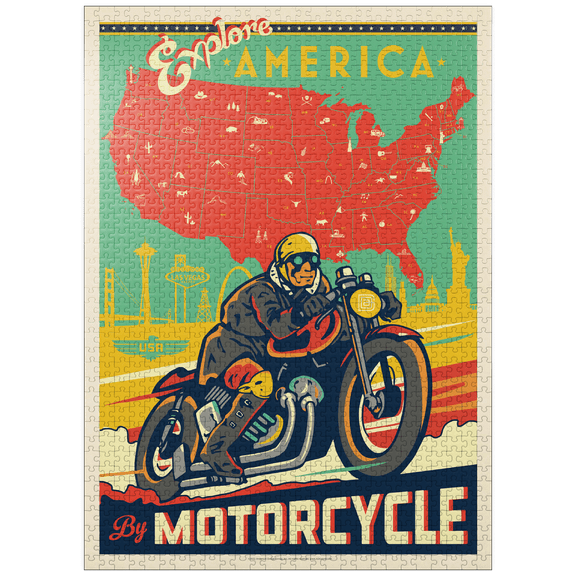 MyPuzzle - Explore America By Motorcycle, Vintage Poster - Premium 1000 Piece Jigsaw Puzzle for Adults