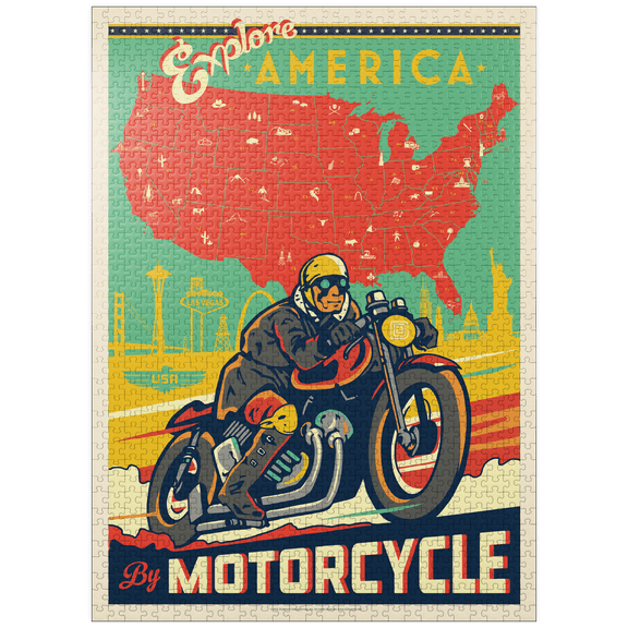 MyPuzzle - Explore America By Motorcycle, Vintage Poster - Premium 1000 Piece Jigsaw Puzzle for Adults