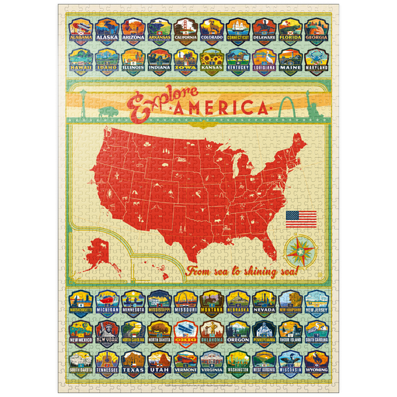 MyPuzzle - Explore America Map: 50 State Emblems, State Pride Vintage Poster - Premium 1000 Piece Jigsaw Puzzle for Adults