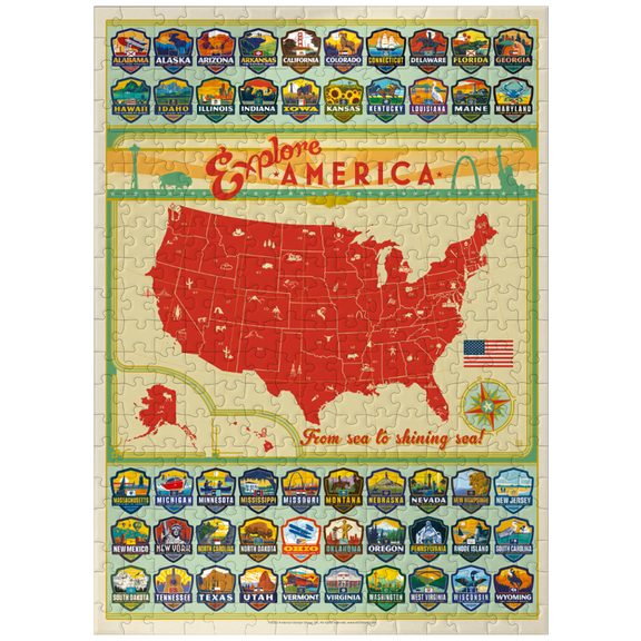MyPuzzle - Explore America Map: 50 State Emblems, State Pride Vintage Poster - Premium 300 Piece Jigsaw Puzzle for Adults