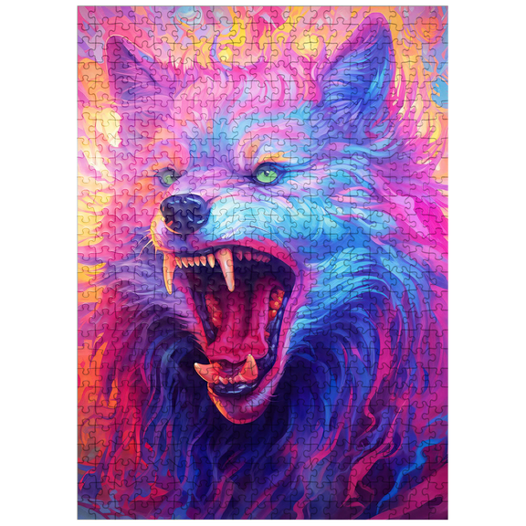 MyPuzzle - Fierce Multicolored Wolf With Fiery Expression - Premium 500 Piece Jigsaw Puzzle for Adults