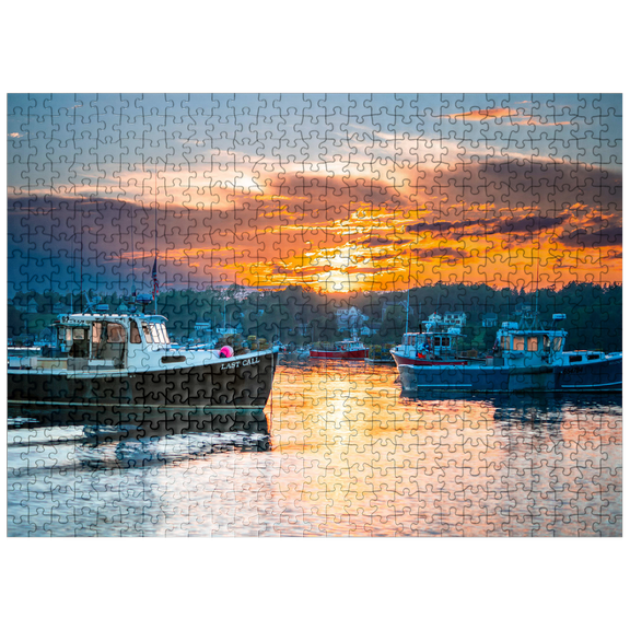 MyPuzzle - Fishing Boats At Sunset In Coastal Harbor - Premium 500 Piece Jigsaw Puzzle for Adults