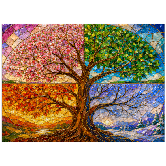 MyPuzzle - Four Seasons Tree Of Life Stained Glass - Premium 300 Piece Jigsaw Puzzle for Adults