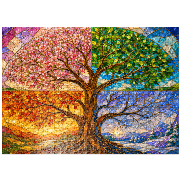 MyPuzzle - Four Seasons Tree Of Life Stained Glass - Premium 500 Piece Jigsaw Puzzle for Adults