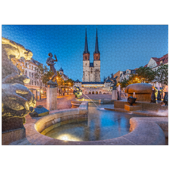 MyPuzzle - Göbel Fountain At The Hallmarkt With The Market Church St. Marien, Marienkirche - Premium 1000 Piece Jigsaw Puzzle for Adults