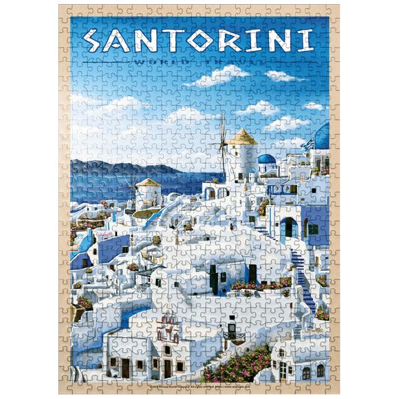 MyPuzzle - Greece Santorini - In Blue And White, Vintage Travel Poster - Premium 500 Piece Jigsaw Puzzle for Adults