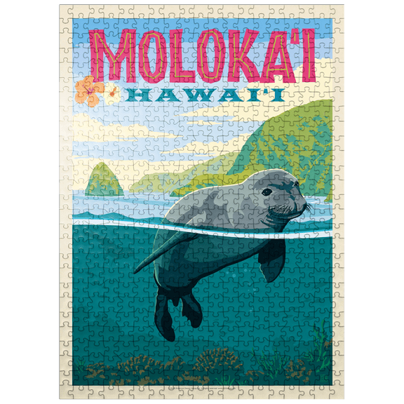 MyPuzzle - Hawaii: Moloka'i (Monk Seal), Vintage Poster - Premium 500 Piece Jigsaw Puzzle for Adults