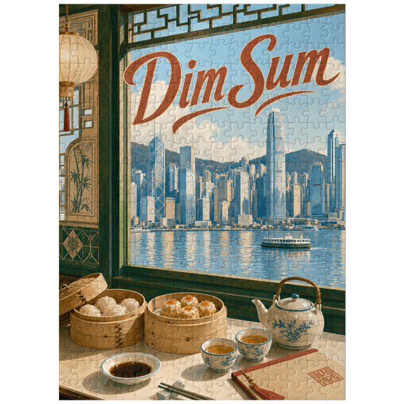 MyPuzzle - Hong Kong Harbor Skyline Dim Sum Scene - Premium 300 Piece Jigsaw Puzzle for Adults