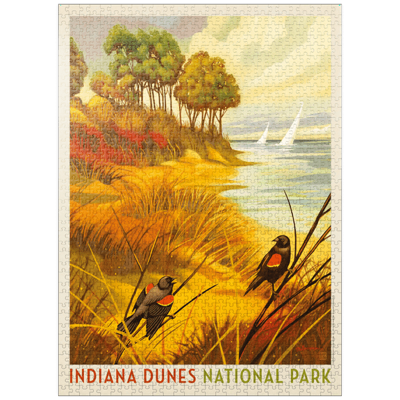 MyPuzzle - Indiana Dunes National Park: Red-winged Blackbirds, Vintage Poster - Premium 1000 Piece Jigsaw Puzzle for Adults