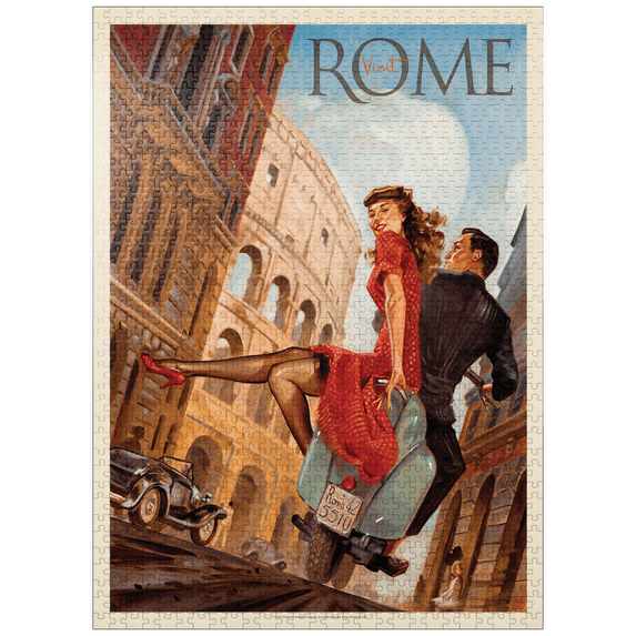 MyPuzzle - Italy: Rome By Vespa, Vintage Poster - Premium 1000 Piece Jigsaw Puzzle for Adults
