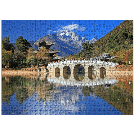 MyPuzzle - Jade Well Lake With Deyue Pavilion Against Jade Dragon Snow Mountain (5596m), China - Premium 500 Piece Jigsaw Puzzle for Adults