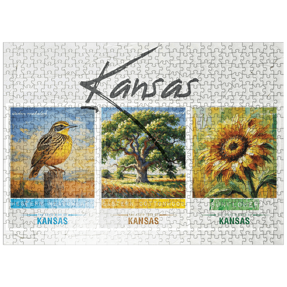 MyPuzzle - Kansas: Bird, Tree, Flower- State Symbols Collage Series - Premium 500 Piece Jigsaw Puzzle for Adults