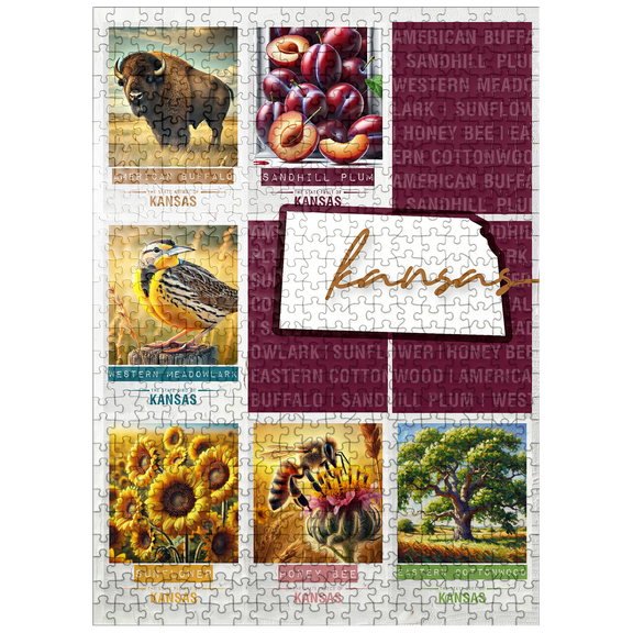 MyPuzzle - Kansas: State Symbols Poster - Premium 500 Piece Jigsaw Puzzle for Adults