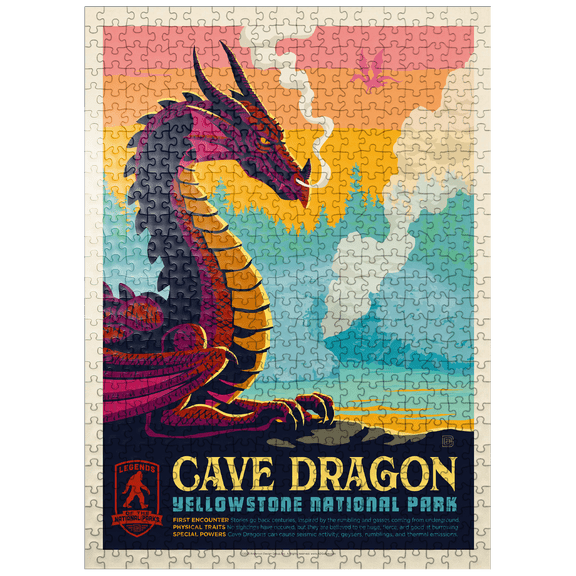 MyPuzzle - Legends Of The National Parks: Yellowstone's Cave Dragon, Vintage Poster - Premium 500 Piece Jigsaw Puzzle for Adults
