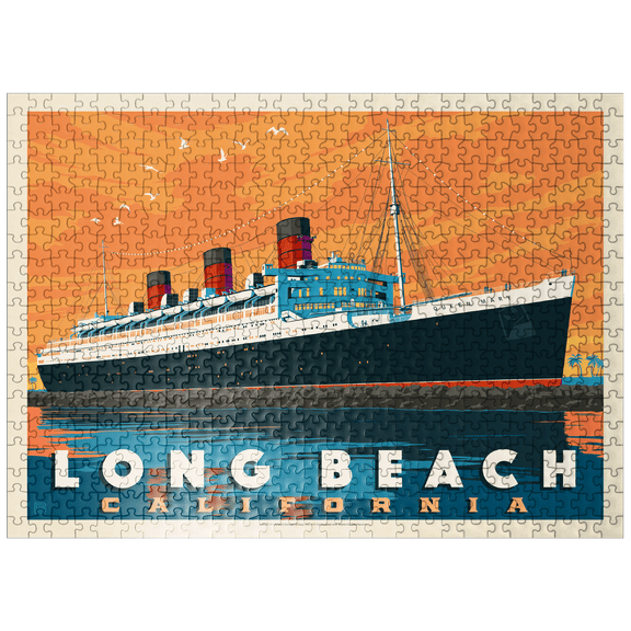 MyPuzzle - Long Beach, CA: Queen Mary, Vintage Poster - Premium 500 Piece Jigsaw Puzzle for Adults