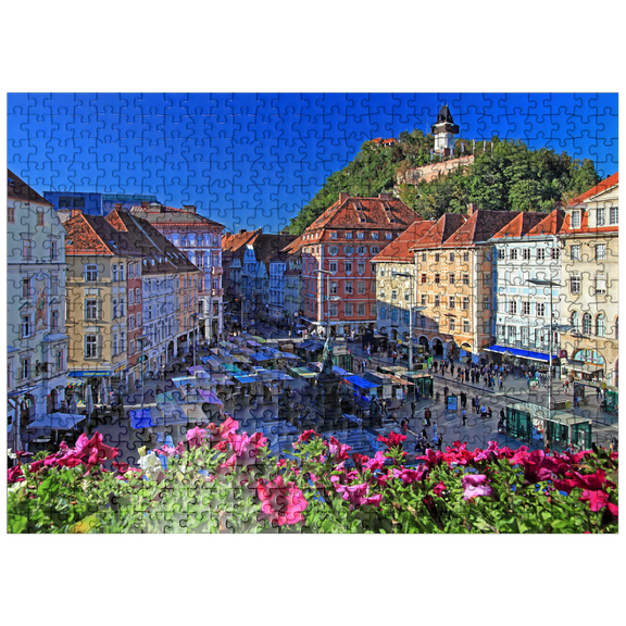 MyPuzzle - Main Square With View To Schlossberg And Clock Tower - Austria - Premium 500 Piece Jigsaw Puzzle for Adults