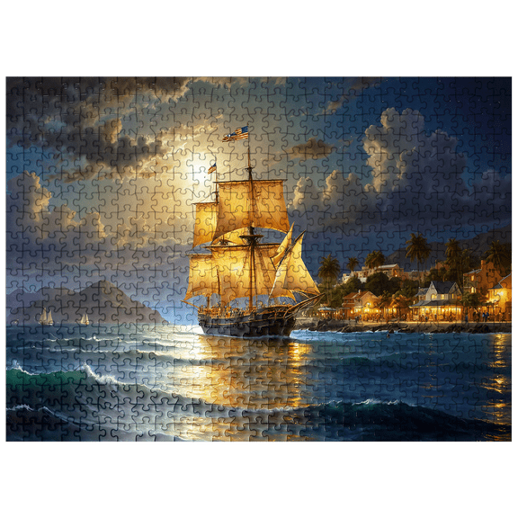 MyPuzzle - Majestic Tall Ship Under Moonlit Sky - Premium 500 Piece Jigsaw Puzzle for Adults
