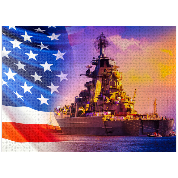 MyPuzzle - Military Parade Of American Troops. A Warship With Sailors On Deck Against The Background Of The U.S. Flag - Premium 1000 Piece Jigsaw Puzzle for Adults