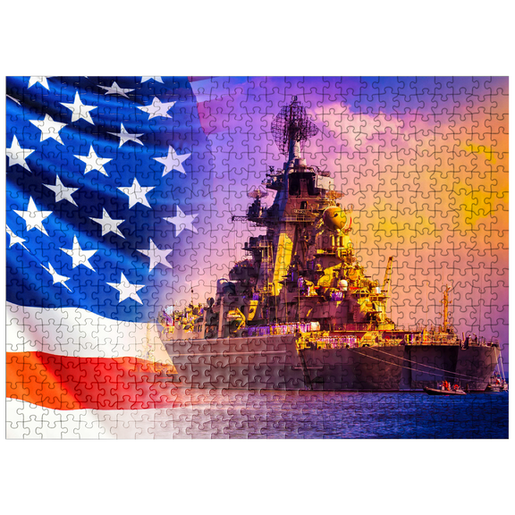 MyPuzzle - Military Parade Of American Troops. A Warship With Sailors On Deck Against The Background Of The U.S. Flag - Premium 500 Piece Jigsaw Puzzle for Adults