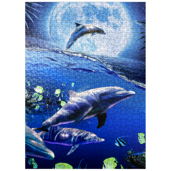 MyPuzzle - Moonlight Dolphin Gliding Through The Night Ocean - Random Galaxy - Premium 500 Piece Jigsaw Puzzle for Adults