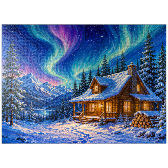 MyPuzzle - Northern Lights Cabin Winter Serenity - Premium 1000 Piece Jigsaw Puzzle for Adults