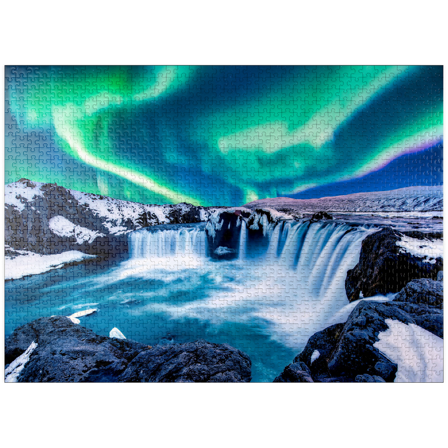 MyPuzzle - Northern Lights Over Godafoss Waterfall In Iceland - Premium 1000 Piece Jigsaw Puzzle for Adults