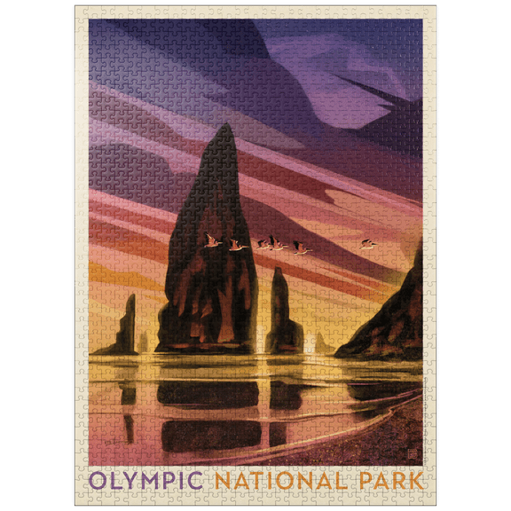 MyPuzzle - Olympic National Park: Pelican Sunset, Vintage Poster - Premium 1000 Piece Jigsaw Puzzle for Adults