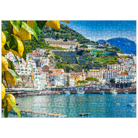 MyPuzzle - Beautiful Amalfi Coast Harbor In Campania, Italy, Framed By Lemons - Premium 500 Piece Jigsaw Puzzle for Adults