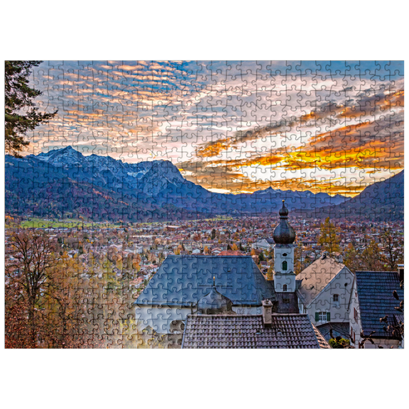 MyPuzzle - Pilgrimage Church St. Anton Against Wetterstein Mountains With Zugspitze (2962m) - Premium 500 Piece Jigsaw Puzzle for Adults