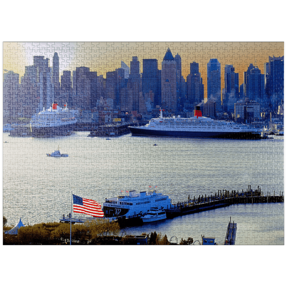 MyPuzzle - Queen Mary 2 And Queen Elizabeth 2, Hudson River, Manhattan, New York City - Premium 1000 Piece Jigsaw Puzzle for Adults