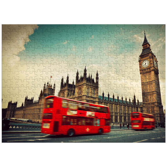 MyPuzzle - Red Double Decker Bus In Front Of The Big Ben And Westminster Abbey London England - Premium 300 Piece Jigsaw Puzzle for Adults