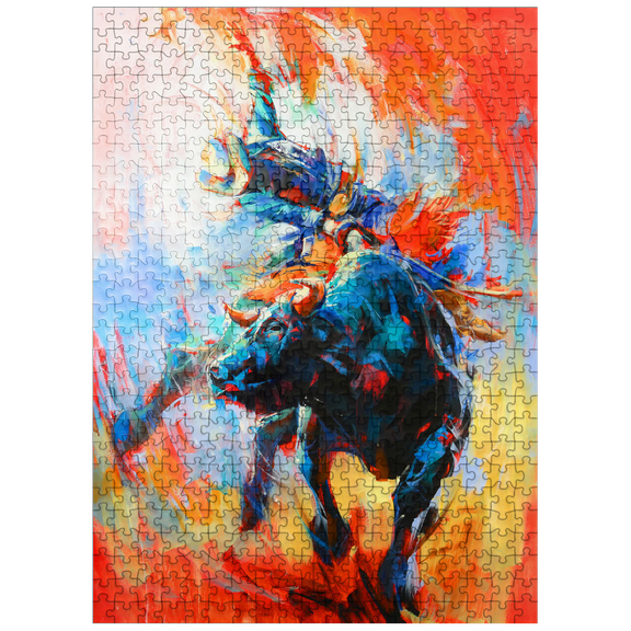 MyPuzzle - Rodeo Bull Rider In Vivid Motion - Premium 500 Piece Jigsaw Puzzle for Adults