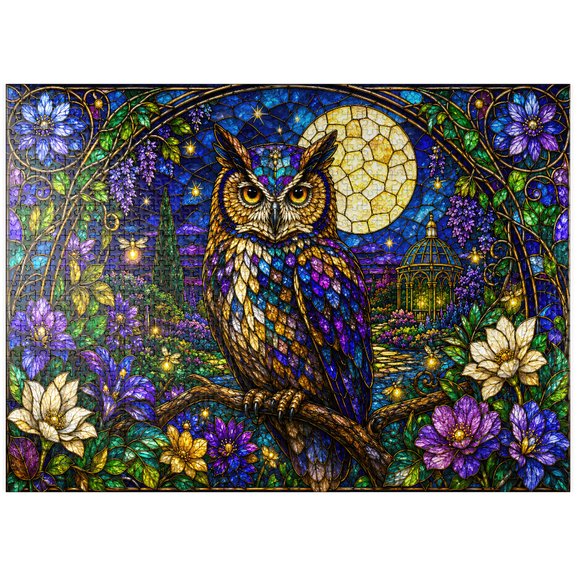 MyPuzzle - Stained Glass Owl Moon Garden - Premium 1000 Piece Jigsaw Puzzle for Adults